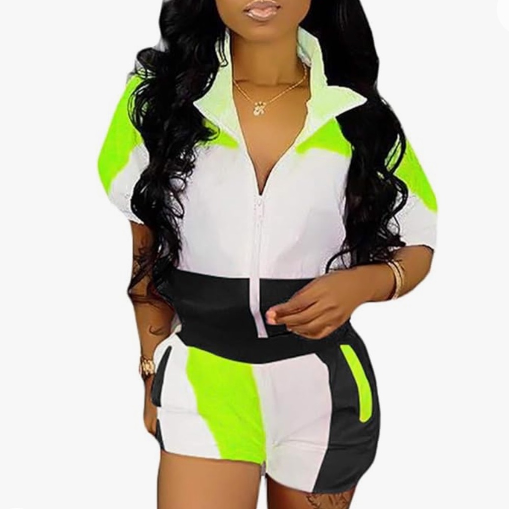 VOIKERDR Summer Windbreaker Short Sleeve Colorblock Zipper up Top Striped Short